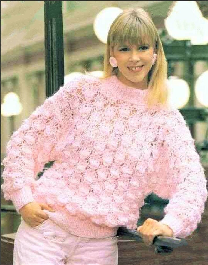 Vintage Knitting Pattern Womens Lacy Sweater Chunky Knit Crew Neck Pullover Jumper PDF Instant Digital Download 12 Ply
