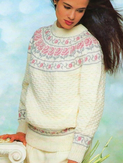 Vintage Knitting Pattern Womens Pretty Nordic Roses Sweater Fair Isle Yoke PDF Instant Digital Download Fairisle Pullover Jumper 10 Ply