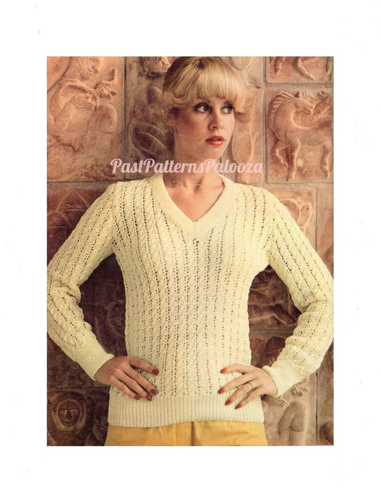 Vintage Knitting Pattern Womens Simple Lacy V Neck Sweater Top c. 1977 PDF Instant Digital Download Lightweight Cotton Jumper