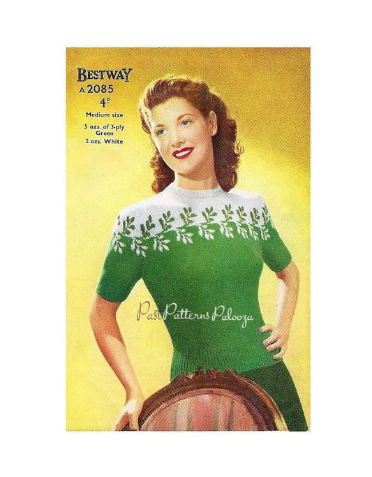 Vintage Knitting Pattern Womens Fair Isle Leave Yoke Sweater Jumper PDF Instant Digital Download Pretty Pullover 3 Ply