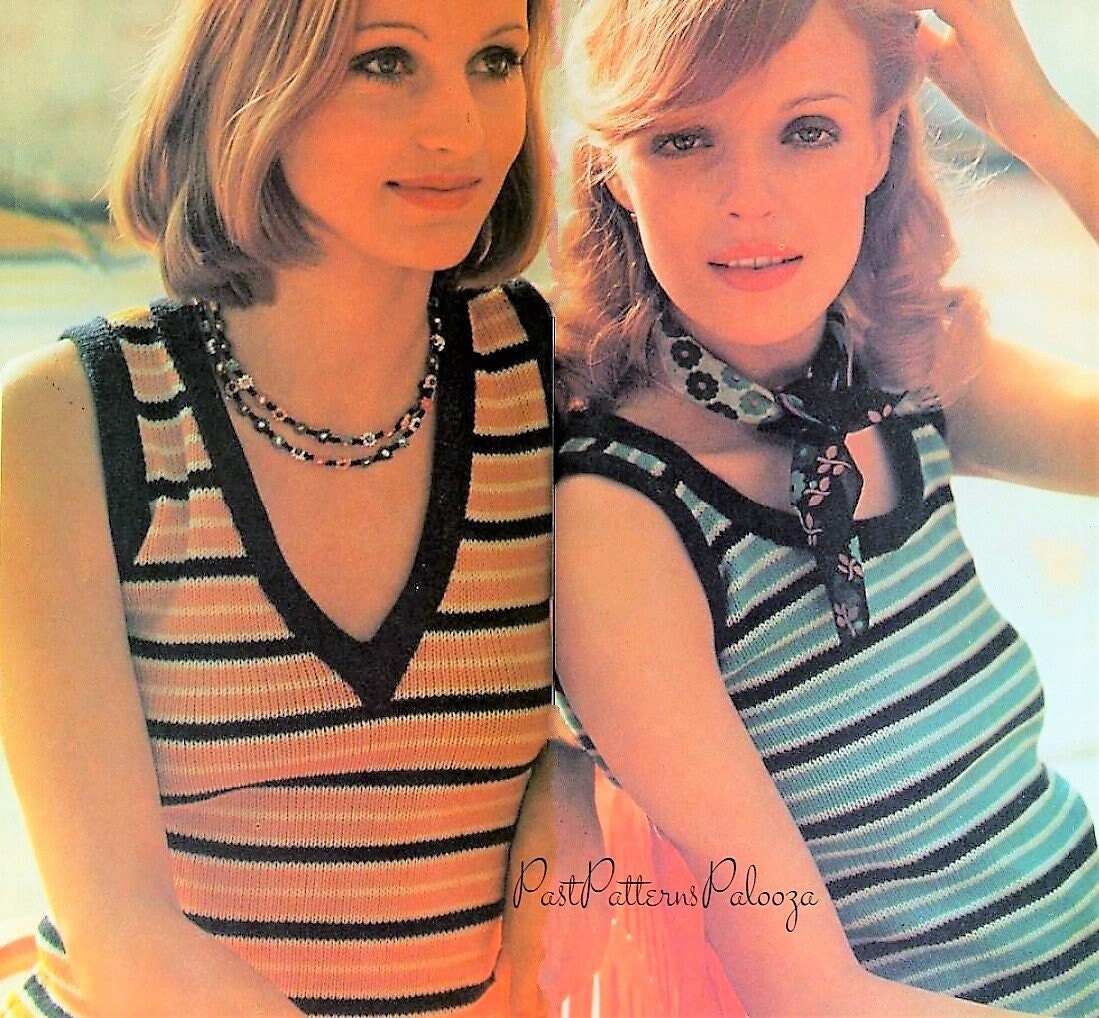 Vintage Knitting Pattern Womens Summer Striped Tops Round V Neck Sleeveless Tank Tees PDF Instant Digital Download 4 Ply