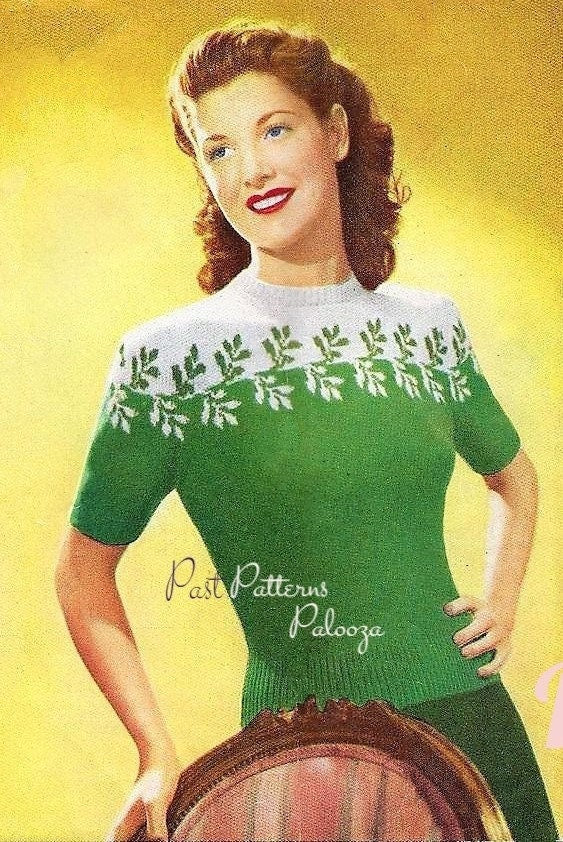 Vintage Knitting Pattern Womens Fair Isle Leave Yoke Sweater Jumper PDF Instant Digital Download Pretty Pullover 3 Ply