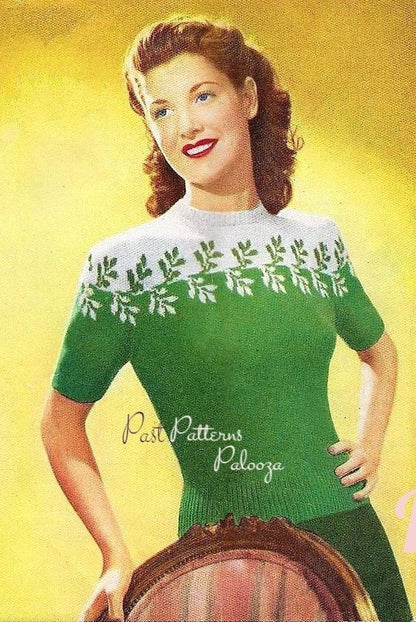 Vintage Knitting Pattern Womens Fair Isle Leave Yoke Sweater Jumper PDF Instant Digital Download Pretty Pullover 3 Ply