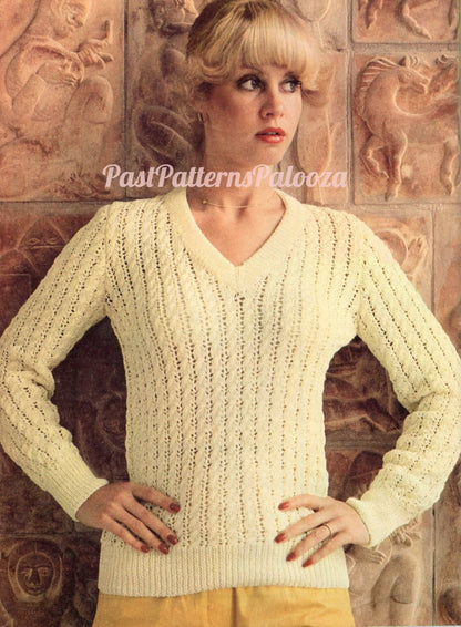 Vintage Knitting Pattern Womens Simple Lacy V Neck Sweater Top c. 1977 PDF Instant Digital Download Lightweight Cotton Jumper
