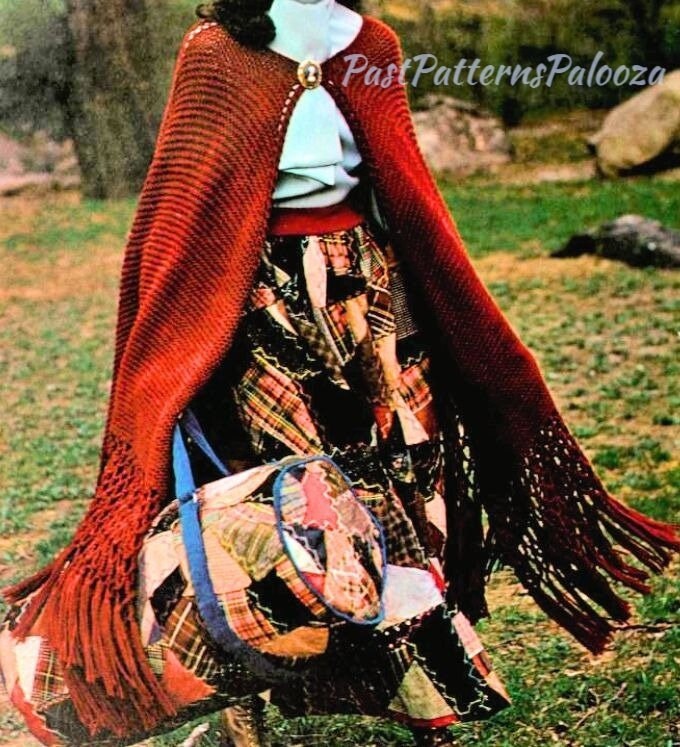Vintage Knitting Pattern Womens Boho Garter Stitch Maxi Cape PDF Instant Digital Download Retro Fringed Shawl Cloak 10 Ply One Size