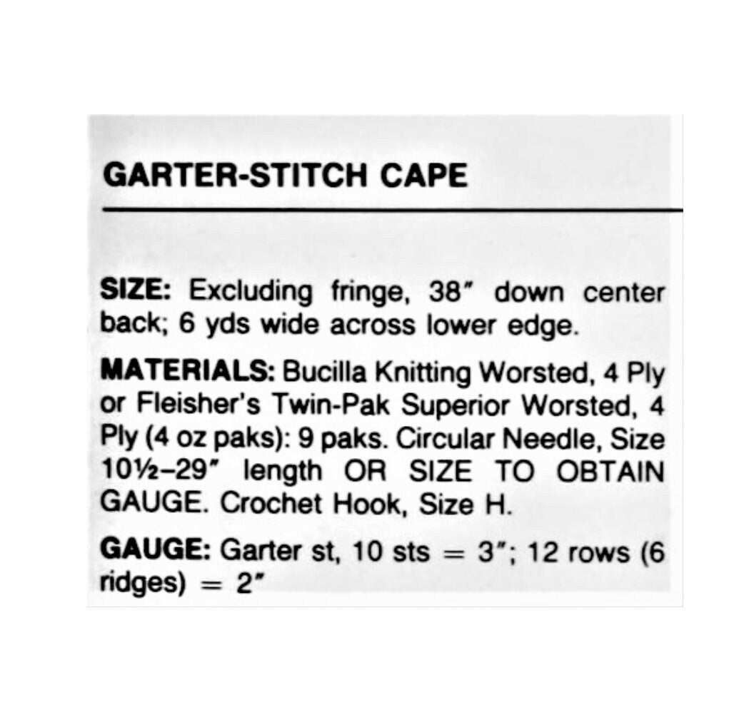Vintage Knitting Pattern Womens Boho Garter Stitch Maxi Cape PDF Instant Digital Download Retro Fringed Shawl Cloak 10 Ply One Size
