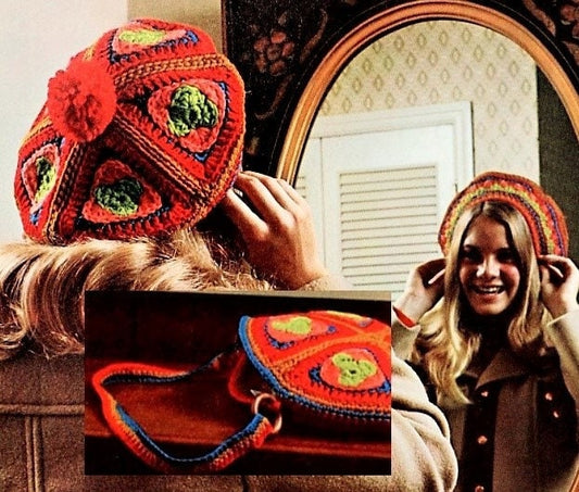 Vintage Crochet Pattern Womens Granny Square Tam Hat and Round Shoulder Bag Set PDF Instant Digital Download Retro Boho Hat Purse 10 Ply
