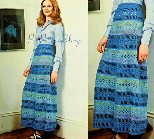 Vintage Crochet Pattern Womens Striped Maxi Skirt PDF Instant Digital Download Boho Gypsy Hippie Chic DK 8 Ply