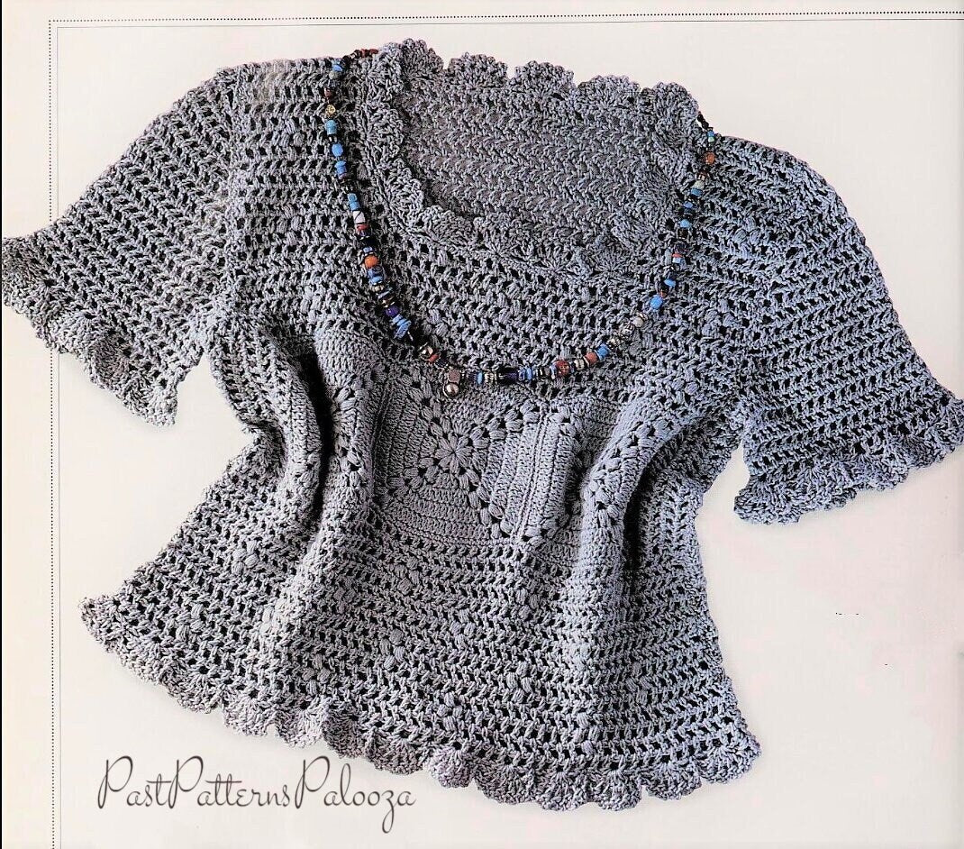 Vintage Crochet Pattern Womens Lacy Mesh Shell Top PDF Instant Digital Download Short Sleeved Cotton Puff Shell Stitch 5 Ply