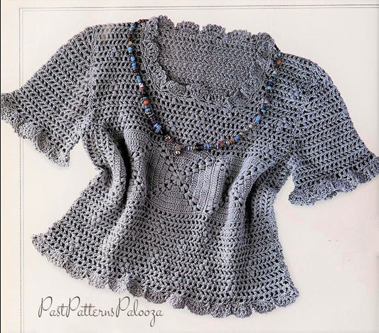 Vintage Crochet Pattern Womens Lacy Mesh Shell Top PDF Instant Digital Download Short Sleeved Cotton Puff Shell Stitch 5 Ply