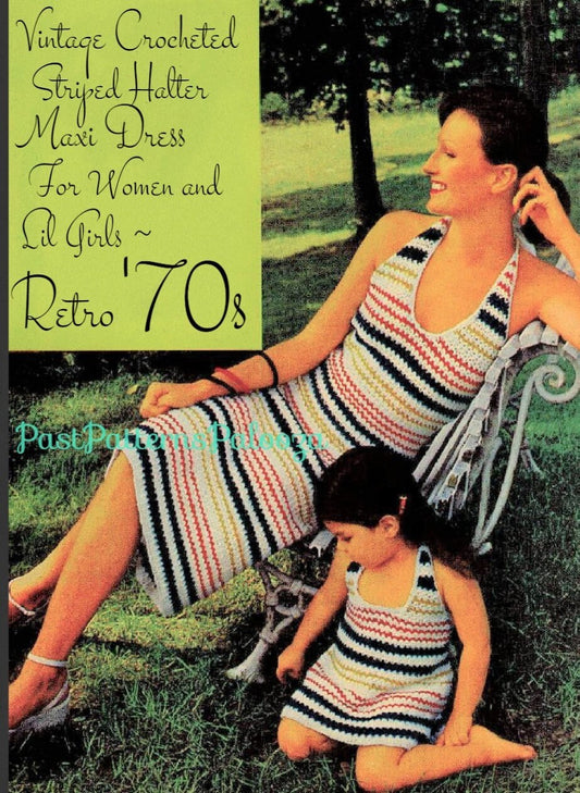 Vintage Crochet Patterns Womens Girls Stripe Banded Maxi Halter Dress PDF Instant Digital Download Groovy Mod Boho Chic 5 Ply
