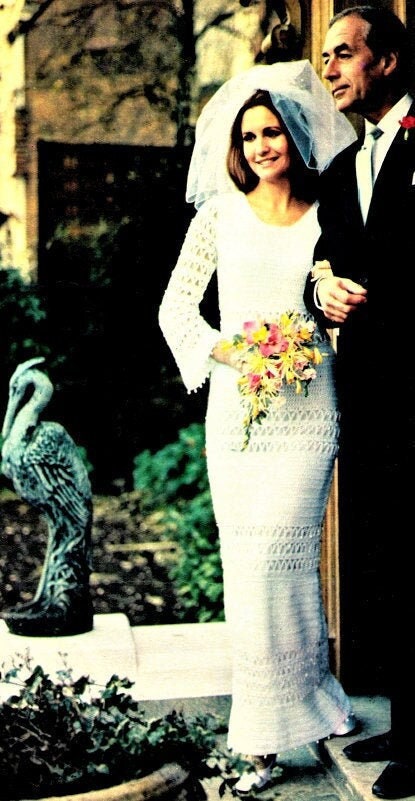Vintage Crochet Pattern Elegant Wedding Dress Gown Bell Sleeves Pearls Trim PDF Instant Digital Download Heirloom Quality 4 Ply