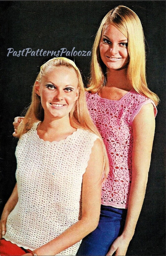 Vintage Crochet Pattern Womens Sleeveless Tank Blouse Tops Flower Motif Squares & Shell Stitch PDF Instant Digital Download 4 Ply