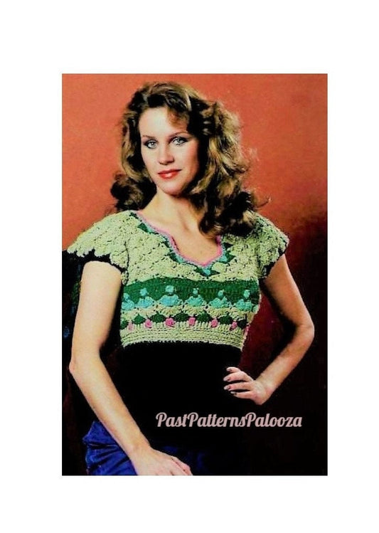 Vintage Crochet Pattern Womens Pretty Torso Hugger Cap Sleeved Shells Top PDF Instant Digital Download Boho 1970s Nubby Boucle Yarn DK