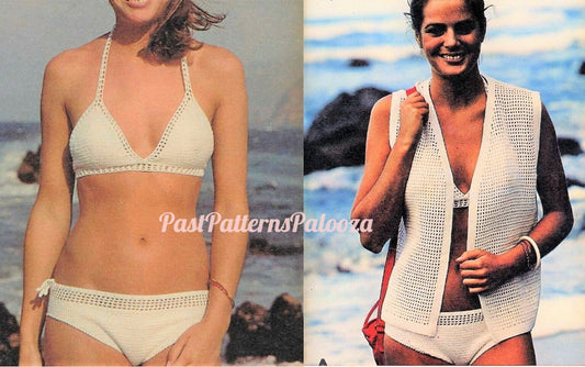 Vintage Crochet Cotton Pattern Bikini & Sleeveless Sun Jacket Cover PDF Instant Digital Download Pretty Simple Boho Chic Bathing Swim Suit