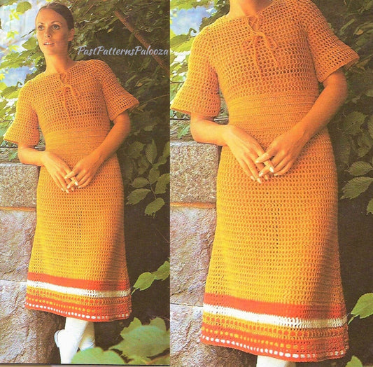 Vintage Crochet Pattern Womens Pretty Lace Midi Dress Bell Sleeves PDF Instant Digital Download Mini or Maxi Dress Boho Chic 5 Ply