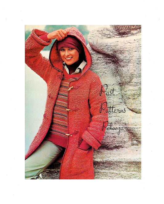 Vintage Crochet Pattern Womens Hooded Boucle Duffle Coat PDF Instant Digital Download Retro Leather Trim 10 Ply