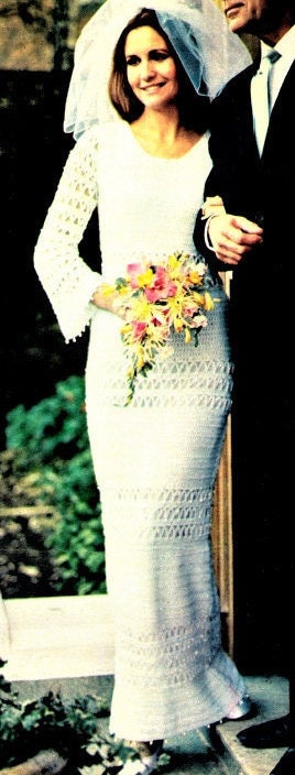 Vintage Crochet Pattern Elegant Wedding Dress Gown Bell Sleeves Pearls Trim PDF Instant Digital Download Heirloom Quality 4 Ply