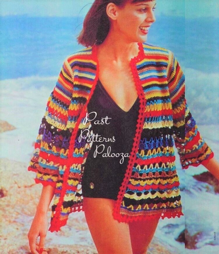 Vintage Crochet Pattern Womens Jazzy Beach Wrap Cover Up PDF Instant Digital Download Retro Swimsuit Cardi Jacket Top DK