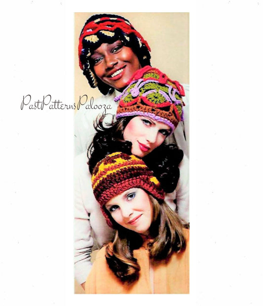Vintage Crochet Pattern Womens Colorful Boho Winter Hats PDF Instant Digital Download Caps Petal Cloche Retro Head Warmers 10 Ply