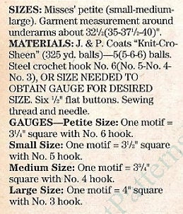 Vintage Crochet Pattern Womens Summer Lace Squares Motif Cardigan Top PDF Instant Digital Download Button Front Cotton Thread