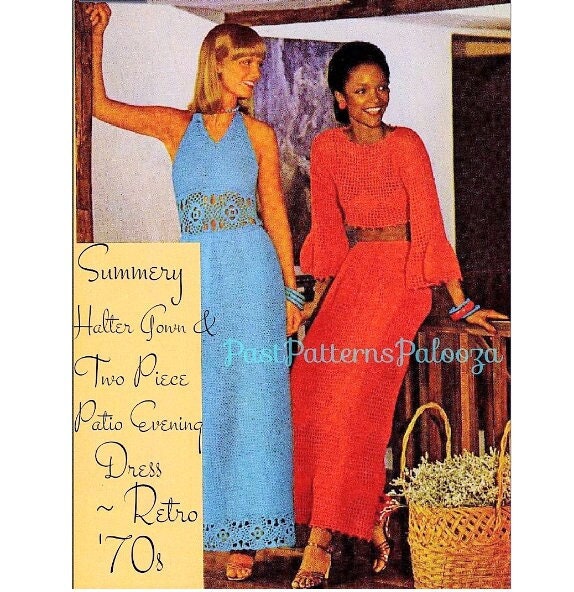 Vintage Crochet Pattern Womens Lace Summer Halter Gown & Patio Evening Maxi Dress PDF Instant Digital Download Retro Boho 5 Ply