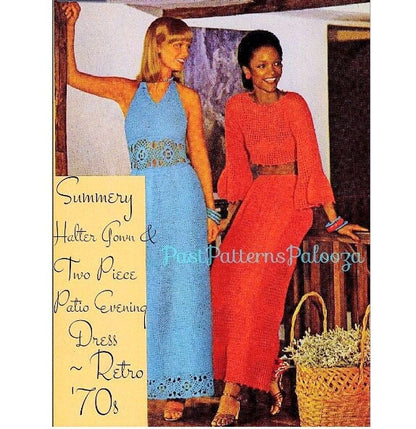 Vintage Crochet Pattern Womens Lace Summer Halter Gown & Patio Evening Maxi Dress PDF Instant Digital Download Retro Boho 5 Ply