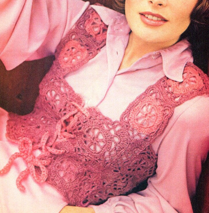 Vintage Crochet Pattern Womens Lacy Granny Square Vest Top PDF Instant Digital Download Front Lace Up Romantic Victorian Top 5 Ply