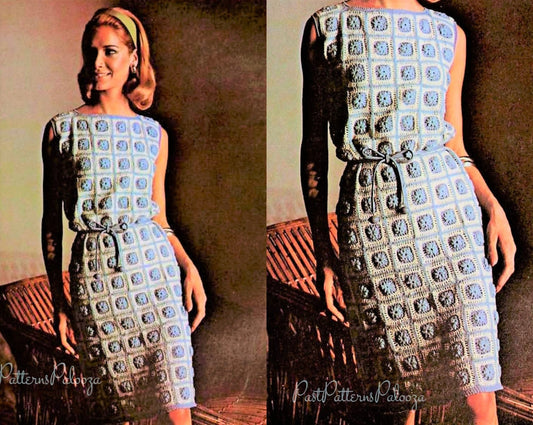 Vintage Crochet Pattern Womens Classic Granny Squares Dress PDF Instant Digital Download Sleeveless Boho Small Flower Block Motifs 4 Ply