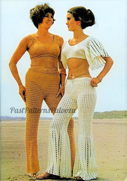 Vintage Crochet Pattern Womens Trouser Beach Suit Set Midi Top Beachwear PDF Instant Digital Download 70s Boho Hippie Bohemian 4 Ply 8 Ply