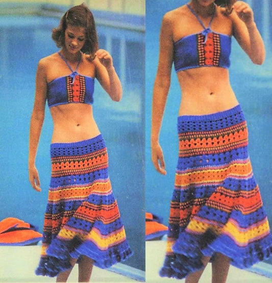 Vintage Crochet Pattern Womens Short Halter Top & Maxi Swirl Skirt Set PDF Instant Digital Download 70s Bohemian Gypsy Salsa Hippie Wear