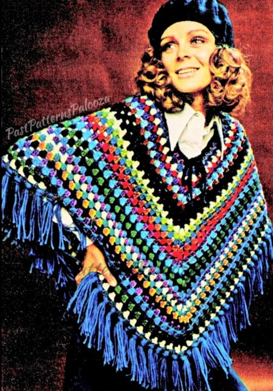 Vintage Crochet Pattern Womens Fringed Rainbow Poncho PDF Instant Digital Download 1970s Boho Gypsy Hippie Chic 10 Ply Scrap Yarn