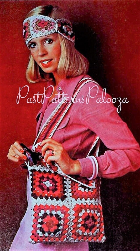 Vintage Crochet Pattern Womens Retro Granny Square Head Bandeau & Handbag Set PDF Instant Digital Download Hippie Boho Headband Purse 4 Ply