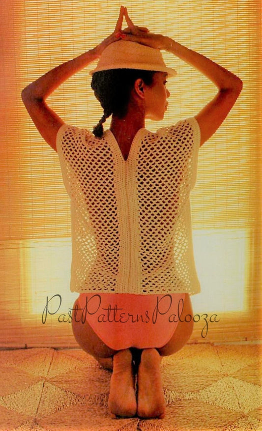 Vintage Crochet Pattern Mesh Beach Bolero Top Bikini Cover Up PDF Instant Digital Download 1970s Boho Sleeveless Lace Top Easy Beginners