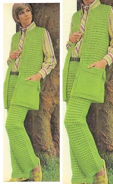 Vintage Crochet Pattern Womens Eyelet Lace Pantsuit Outfit PDF Instant Digital Download Boho Maxi Vest Waistcoat Pant Suit 10 Ply sz 8-18