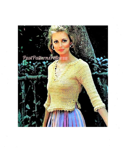 Vintage Crochet Pattern Womens V Neck Sweater Top Pretty Cluster Stitch Trim PDF Instant Digital Download 10 Ply