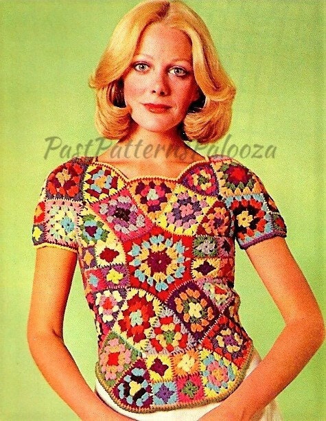 Vintage Crochet Pattern Womens Stained Glass Granny Square Shell Top PDF Instant Digital Download Groovy Gypsy Boho Mosaic Scrap Yarn 10 Ply