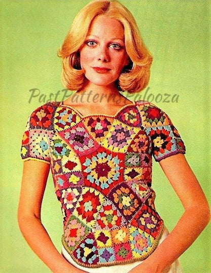 Vintage Crochet Pattern Womens Stained Glass Granny Square Shell Top PDF Instant Digital Download Groovy Gypsy Boho Mosaic Scrap Yarn 10 Ply