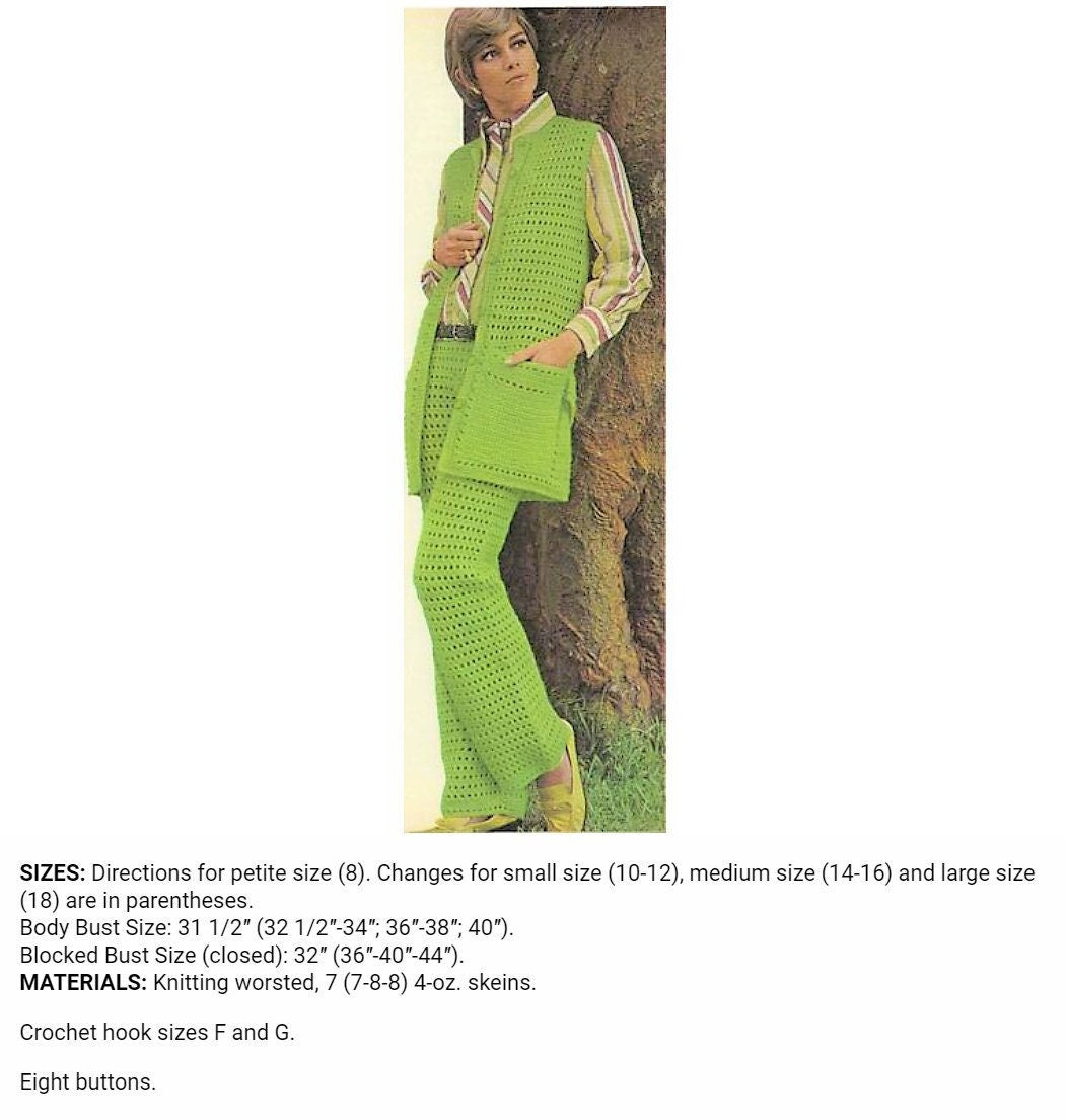 Vintage Crochet Pattern Womens Eyelet Lace Pantsuit Outfit PDF Instant Digital Download Boho Maxi Vest Waistcoat Pant Suit 10 Ply sz 8-18