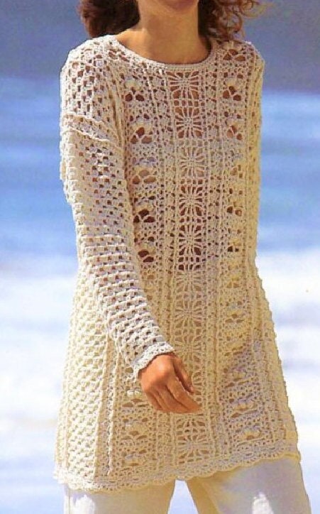 Vintage Crochet Pattern Womens Long Sweater Lacy Paneled Openwork Tunic PDF Instant Digital Download Pretty Cotton Jumper DK 8 Ply