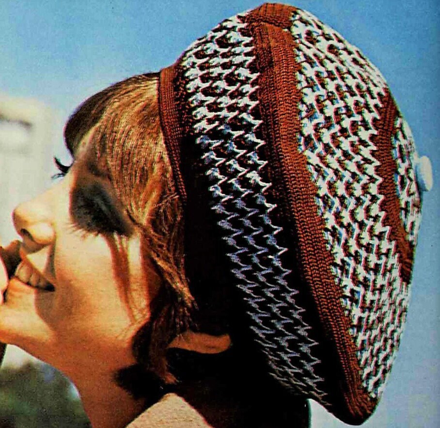 Vintage Crochet Pattern Classic Beret Hat PDF Instant Digital Download Chocolate & Blue Tam Beret Mercerized Cotton Thread