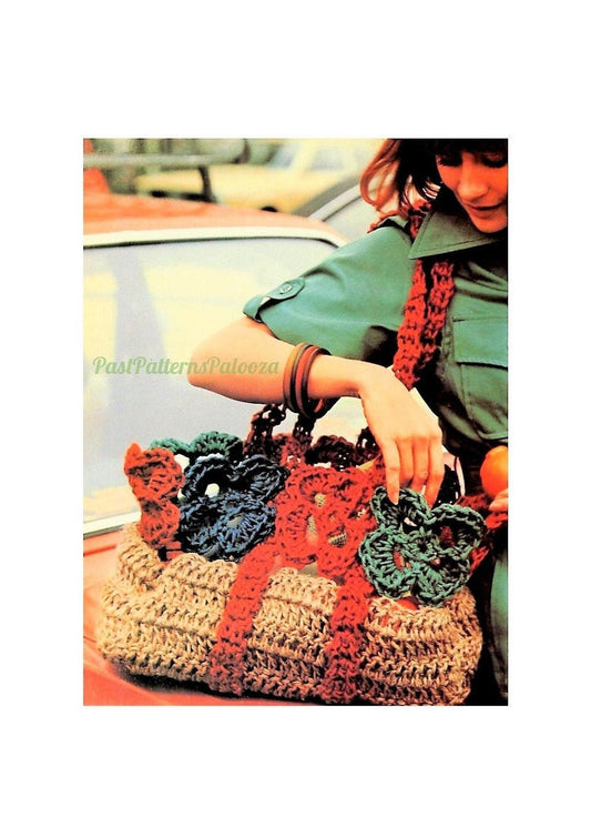 Vintage Crochet Pattern 16" Boho Rosette Flower Basket Shoulder Bag Purse PDF Instant Digital Download Retro Jute Twine Handbag