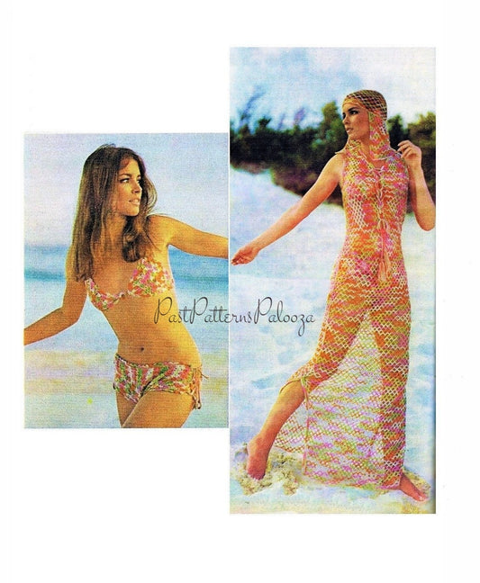 Vintage Crochet Pattern Beach Goddess Set Bikini Maxi Dress Cover Up Headpiece PDF Instant Digital Download 70s Boho Lace Mesh Shell Stitch
