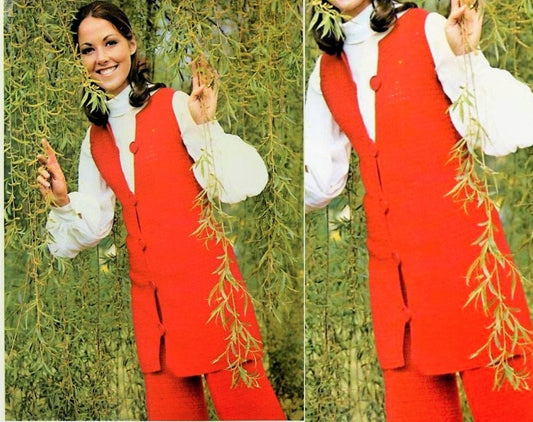 Vintage Crochet Pattern Womens Chic Trouser Suit Pantsuit Outfit PDF Instant Digital Download Sleeveless Maxi Vest Waistcoat Pant Suit 4 Ply