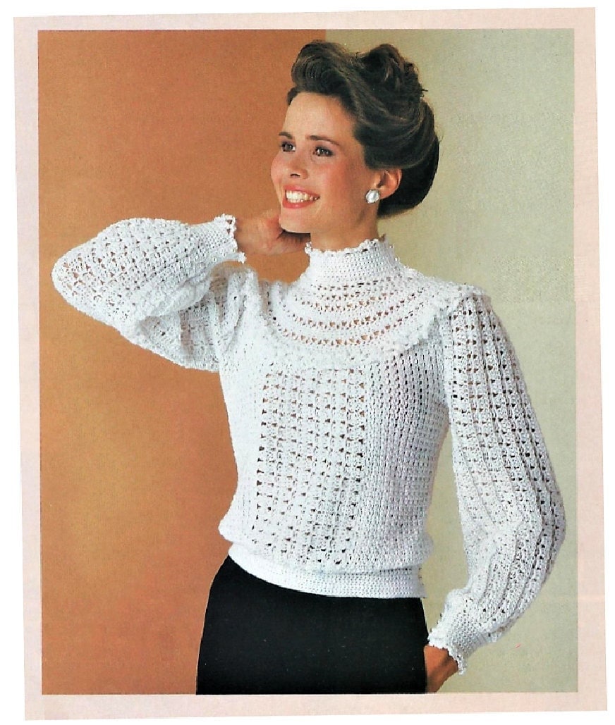 Vintage Crochet Pattern Romantic Lacy High Ruffled Collar Sweater Victorian Button Down Back PDF Instant Digital Download  Retro 1980s 5 Ply