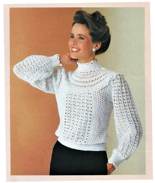Vintage Crochet Pattern Romantic Lacy High Ruffled Collar Sweater Victorian Button Down Back PDF Instant Digital Download  Retro 1980s 5 Ply