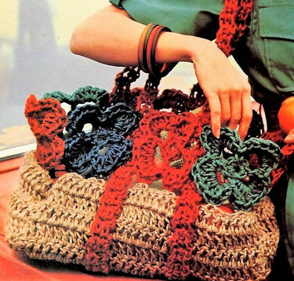 Vintage Crochet Pattern 16" Boho Rosette Flower Basket Shoulder Bag Purse PDF Instant Digital Download Retro Jute Twine Handbag