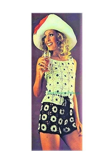 Vintage Crochet Pattern Womens Granny Square Daisy Flowers Summer Peplum Top and Shorts Set PDF Instant Digital Download Retro 70s 5 Ply