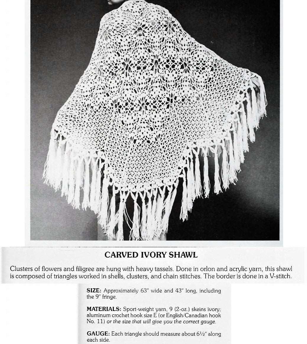 Vintage Crochet Pattern Womens Victorian Lace Carved Ivory Shawl PDF Instant Digital Download Boho Filigree Flower Tasseled Wrap 5 Ply