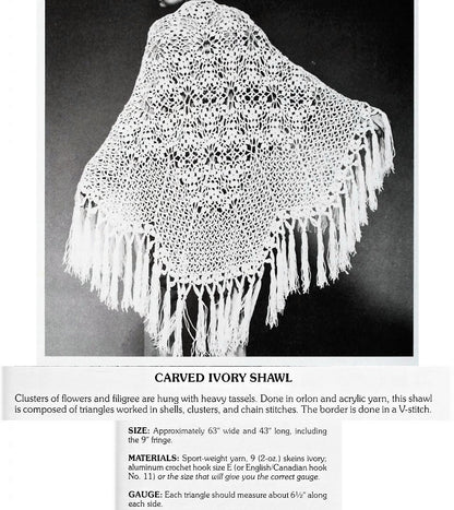 Vintage Crochet Pattern Womens Victorian Lace Carved Ivory Shawl PDF Instant Digital Download Boho Filigree Flower Tasseled Wrap 5 Ply